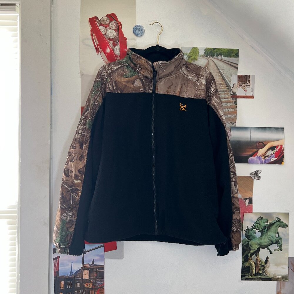 Vintage Realtree Black and Camouflage Full Zip Fleece Jacket Coat Sweatshirt